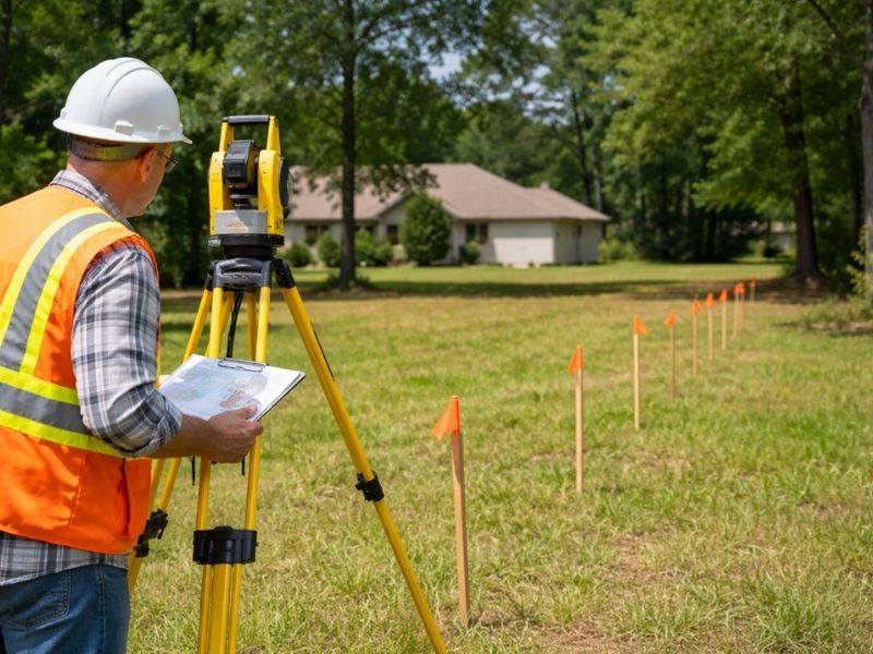 Licensed surveyor performing a boundary survey with property line stakes marking a residential lot to verify legal boundaries and prevent property disputes