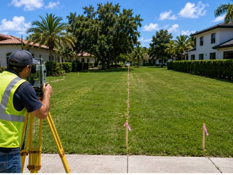 Licensed land surveyor marking two adjacent residential lots for a proposed lot combination in Tampa, FL.