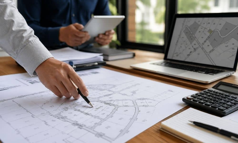 ALTA survey documents and property plans on a desk during real estate due diligence review