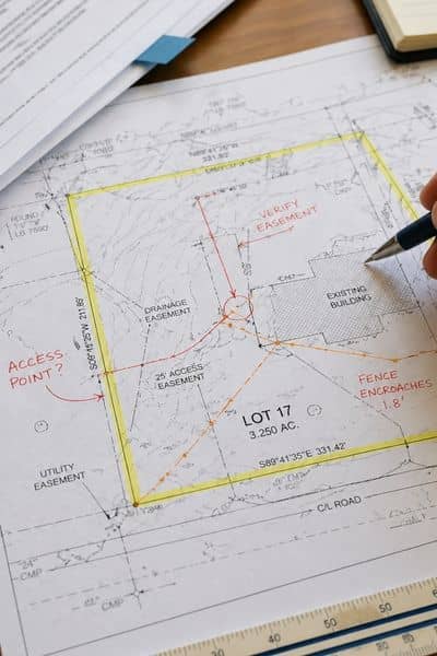 Site plan with boundary markings and notes during real estate due diligence review