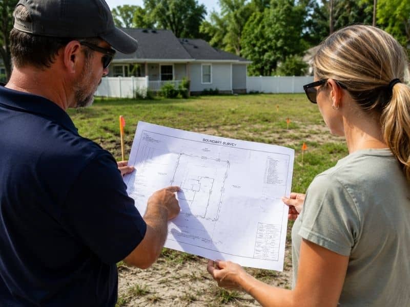 Homeowner and land surveyor reviewing a plat of survey near a residential property before construction