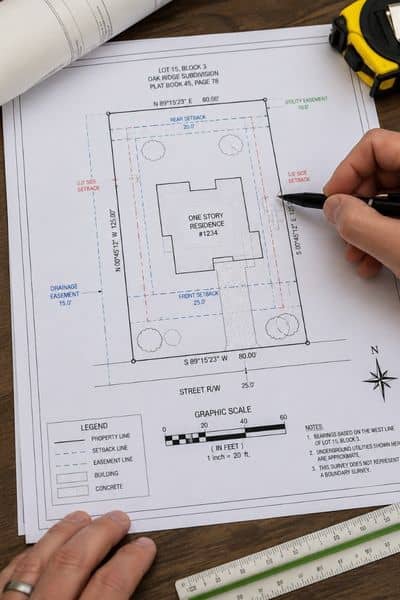 Close-up of a plat of survey showing setback lines, easements, and property boundaries for residential construction planning