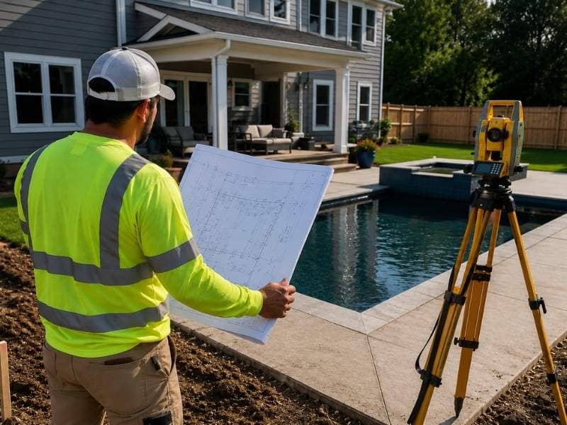 as-built survey after pool or home addition showing surveyor checking property survey cost and site measurements in backyard