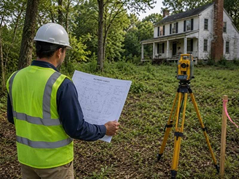 boundary survey cost on older properties showing surveyor working in overgrown land with equipment and property boundary markers