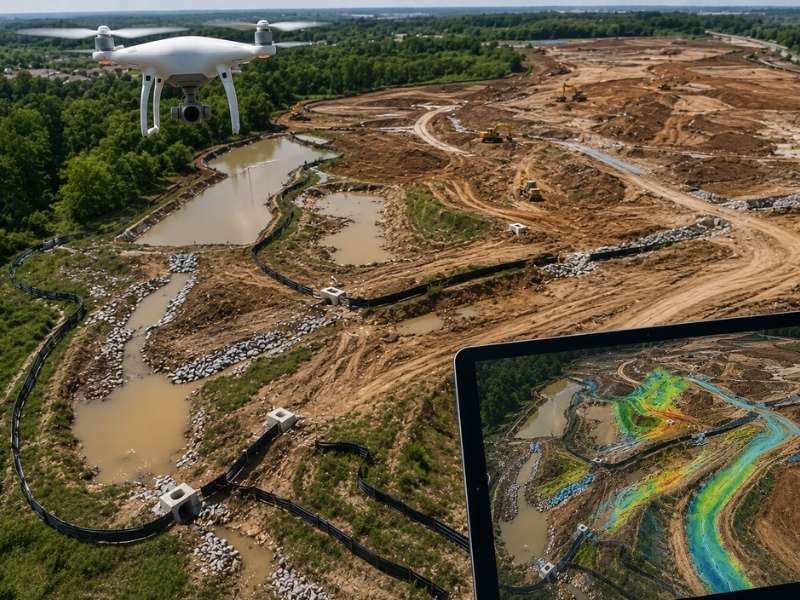 Drone surveying a large construction site to monitor erosion risks, drainage patterns, exposed soil, and changing site conditions from an aerial perspective