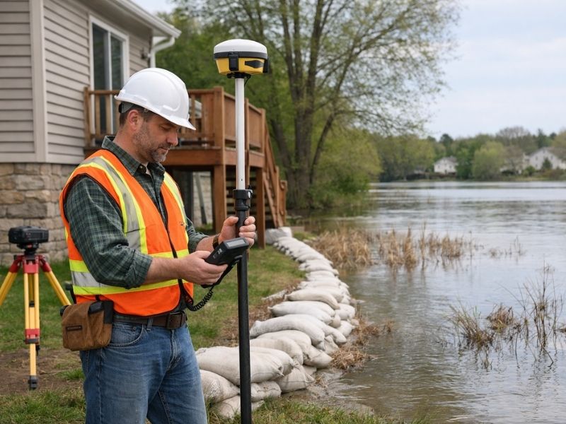 Licensed surveyor collecting elevation data near a waterfront home for an elevation certificate used to determine flood insurance rates and flood zone risk