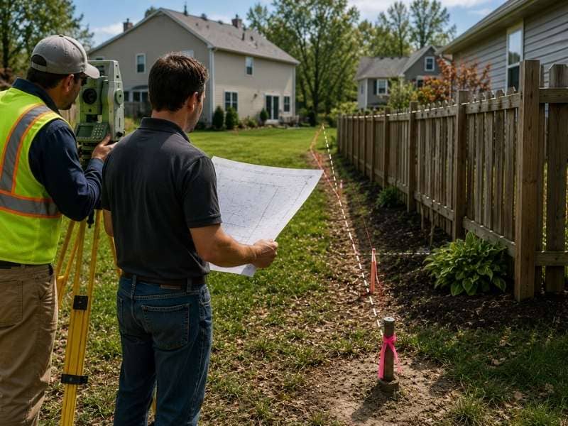Find property lines with a licensed land surveyor verifying the legal boundary where a neighbor's fence may cross the property line.
