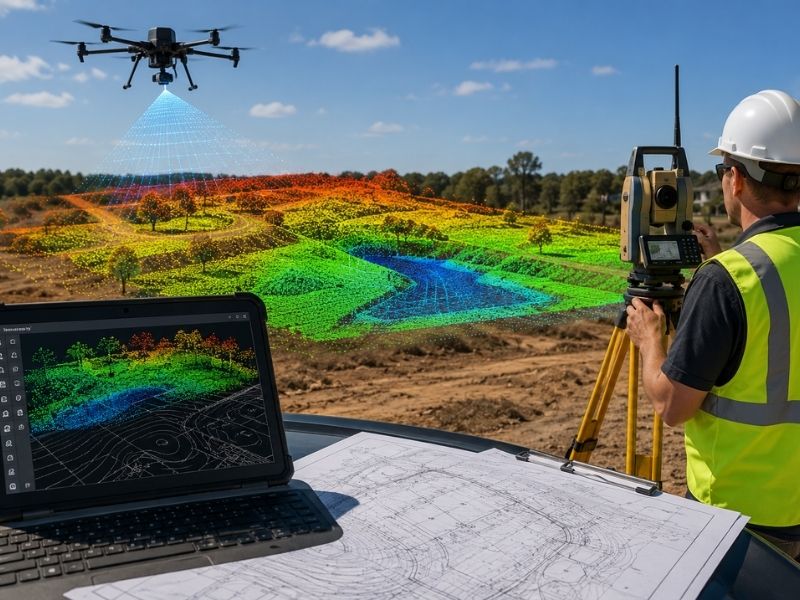 Drone-based lidar mapping and a land surveyor using a total station to collect topographic survey data for site planning.