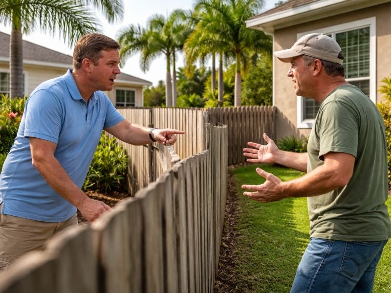 Two neighbors discussing a fence encroachment after discovering the fence crosses the property line.