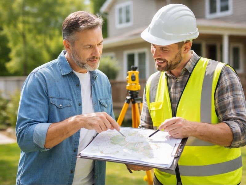 Property owner reviewing plans with a licensed surveyor before hiring survey services for a residential development project