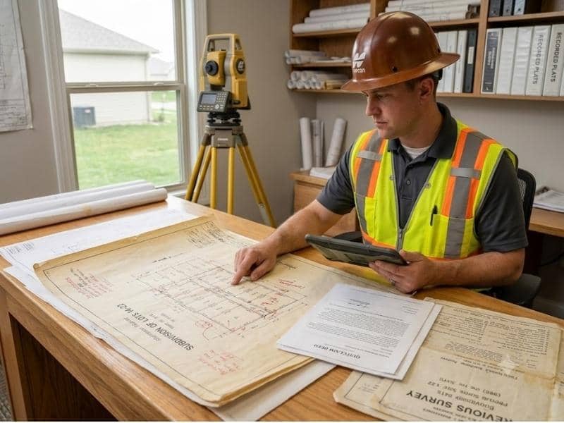 A licensed surveyor performing a survey documents review, analyzing a historical plat map, deeds, and county records before field work.