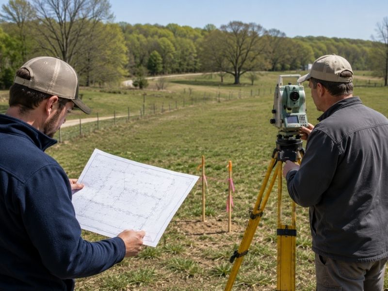Metes and bounds survey being reviewed on a rural property before a buyer completes closing