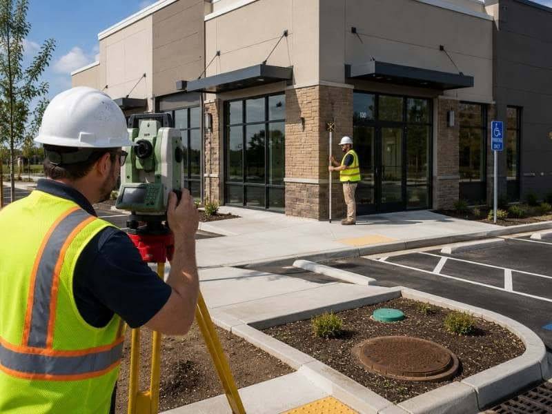 Survey crew performing an as-built surveys to verify completed construction projects, building placement, utilities, and site improvements.
