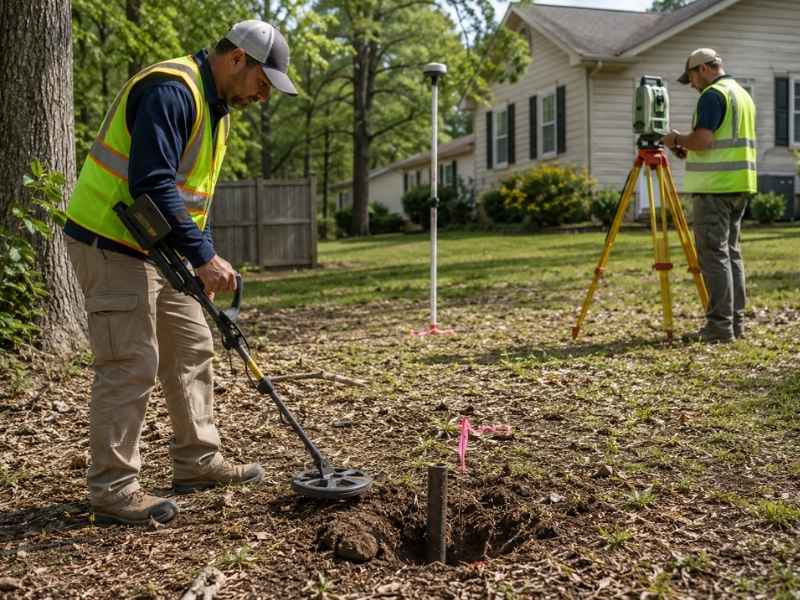 Land surveyors searching for missing property monuments that may increase boundary survey cost.
