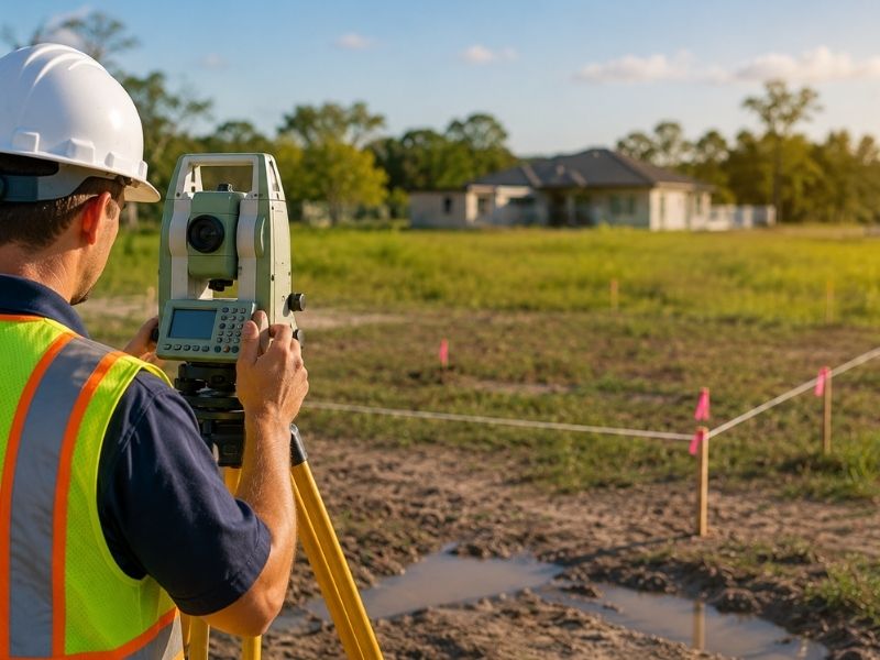 Professional land surveyor using survey equipment to verify property lines on a residential lot.