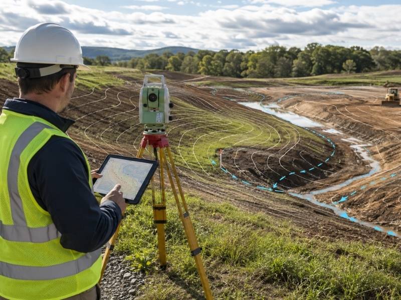 Surveyor reviewing drainage flow and elevation contours on a Tampa FL construction site to help prevent grading and runoff problems.