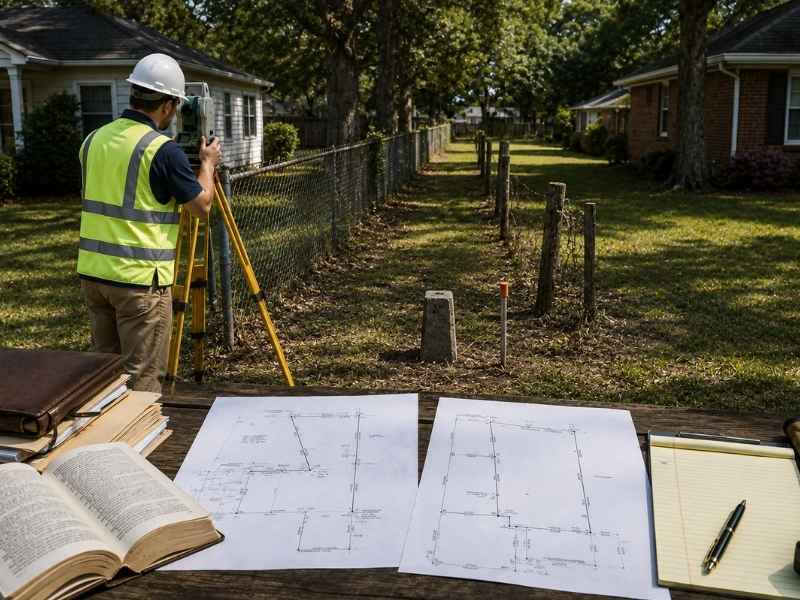 Boundary Survey in progress between two neighboring properties with a surveyor reviewing property records and boundary evidence to resolve overlapping property descriptions in Tampa, Florida.