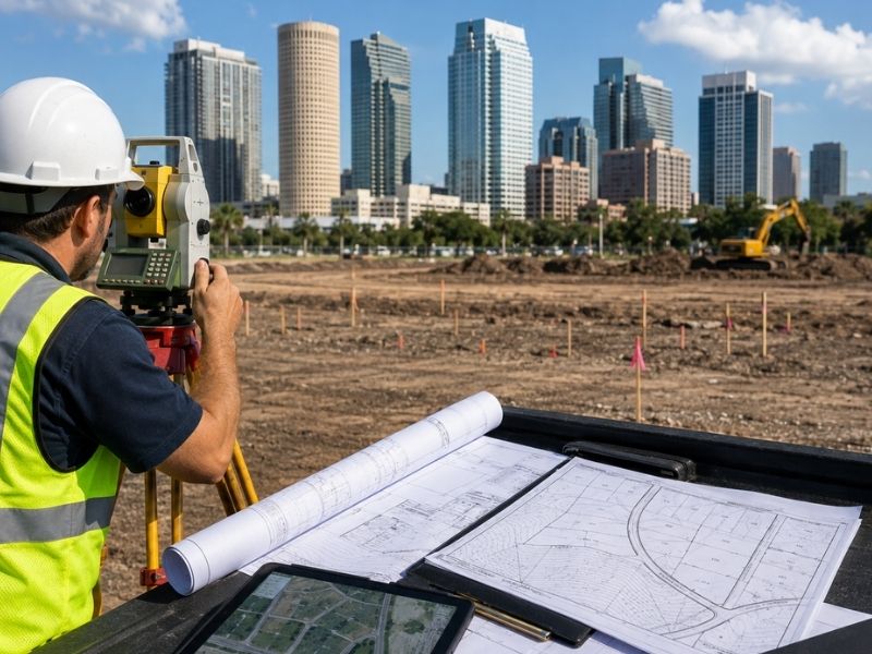Surveyor using a total station to assess land affected by development code changes in Tampa, FL.